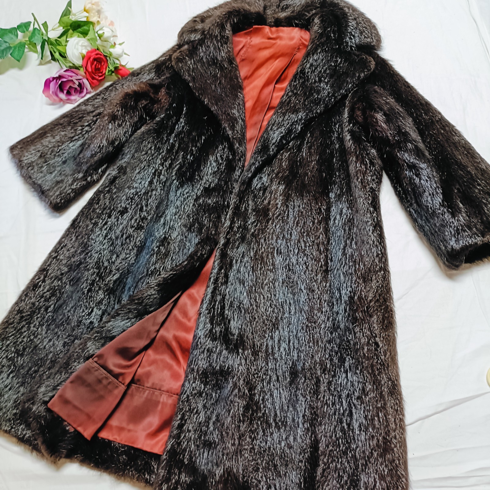 0713 Genuine Real beaver nutria Fur Long Coat Vintage Women Brown L