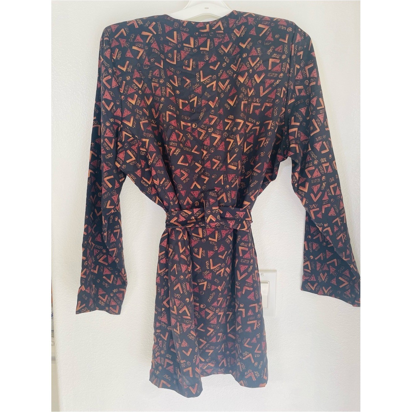 Vintage Luly K Geometric Print Tie Waist Dress Long Sleeve Button Front Size L