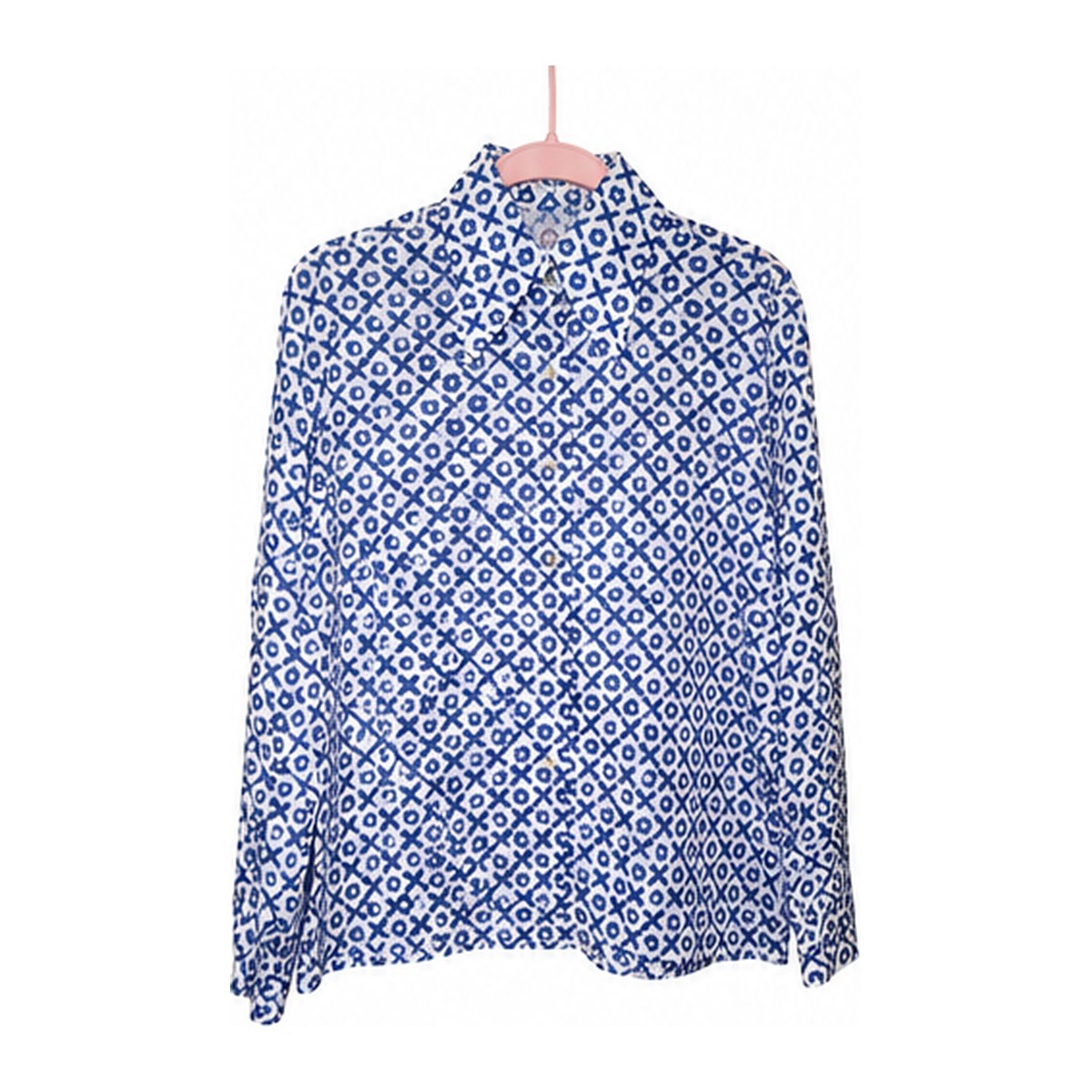 Vintage Take #1 Blouse Sz 36 Blue White Floral Mod Korea Long Sleeve Shirt
