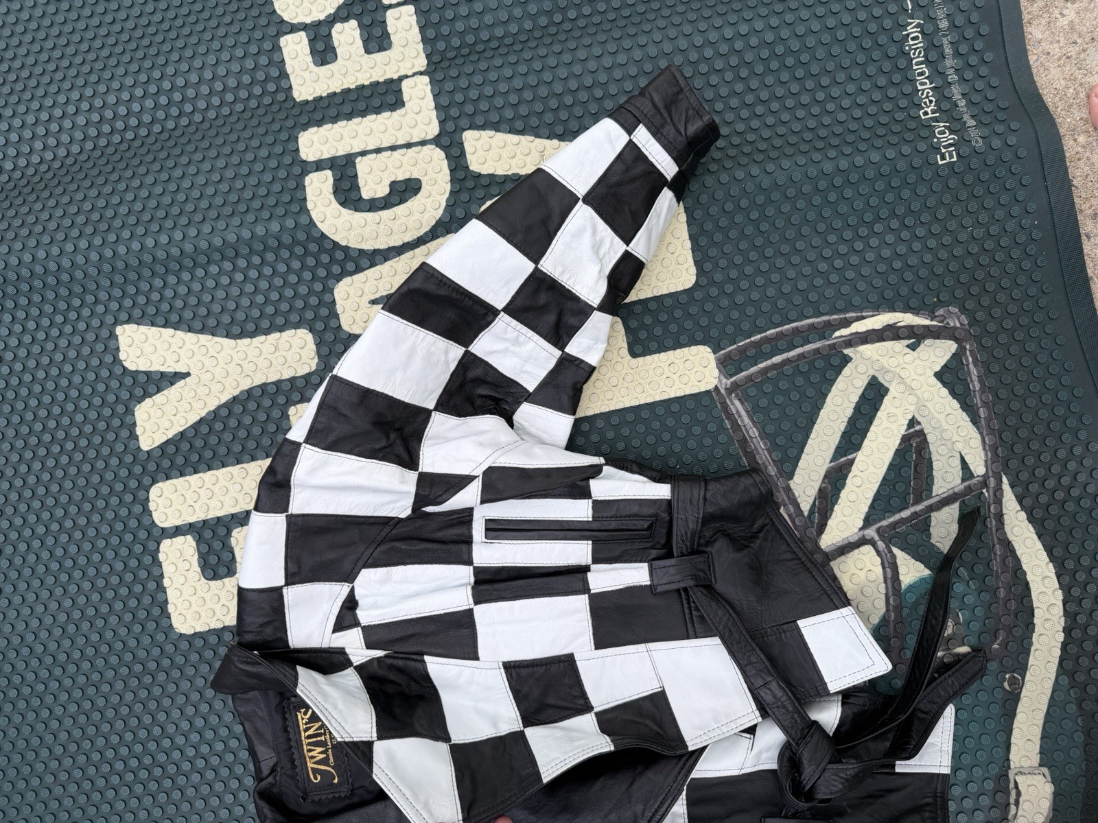 Vintage Checkered Leather Jacket Black & White Twins USA XS Moto Retro Patchwork