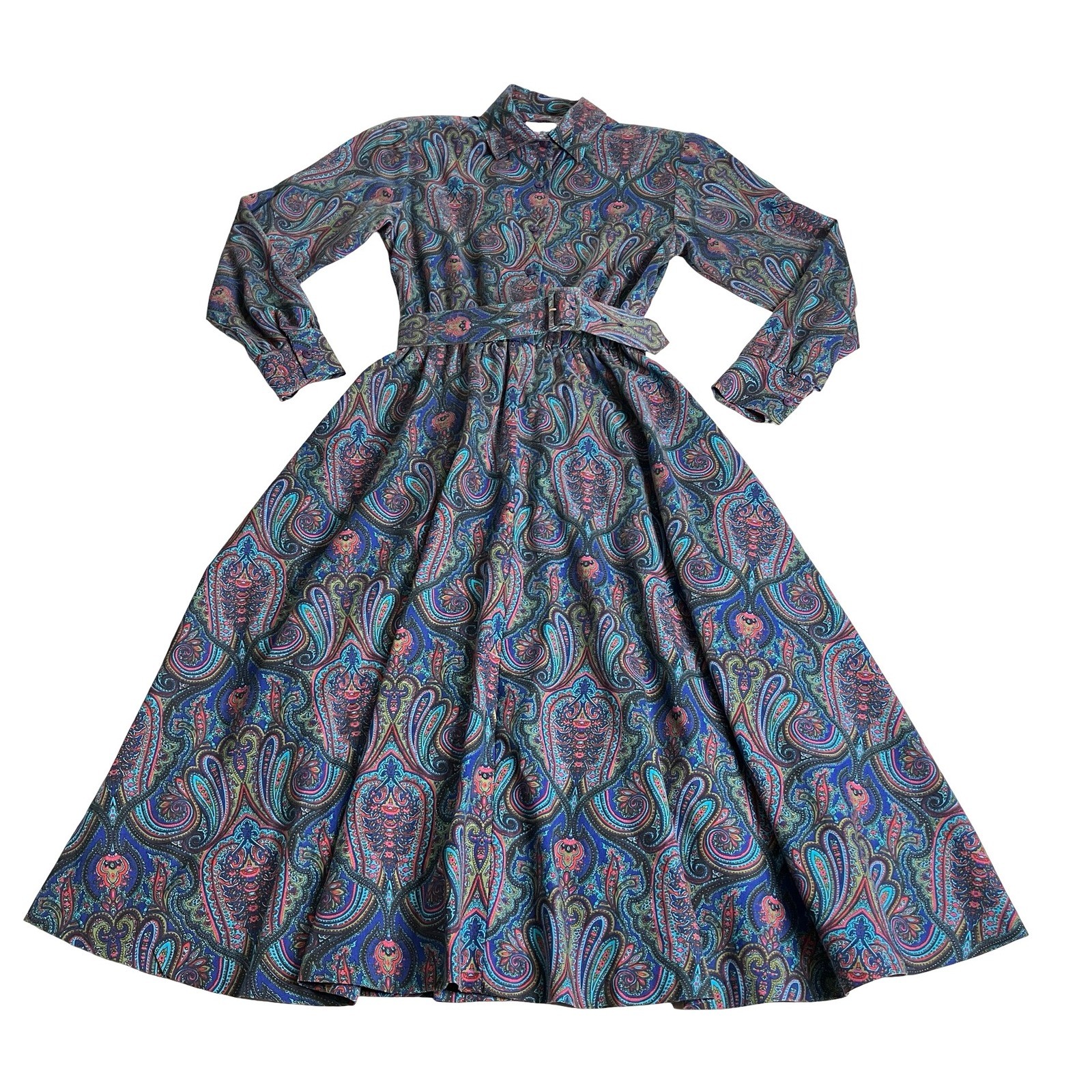 Vintage 80s Bedford Fair Paisley Midi Dress Womens 6 Long Sleeve Belted Boho Mod