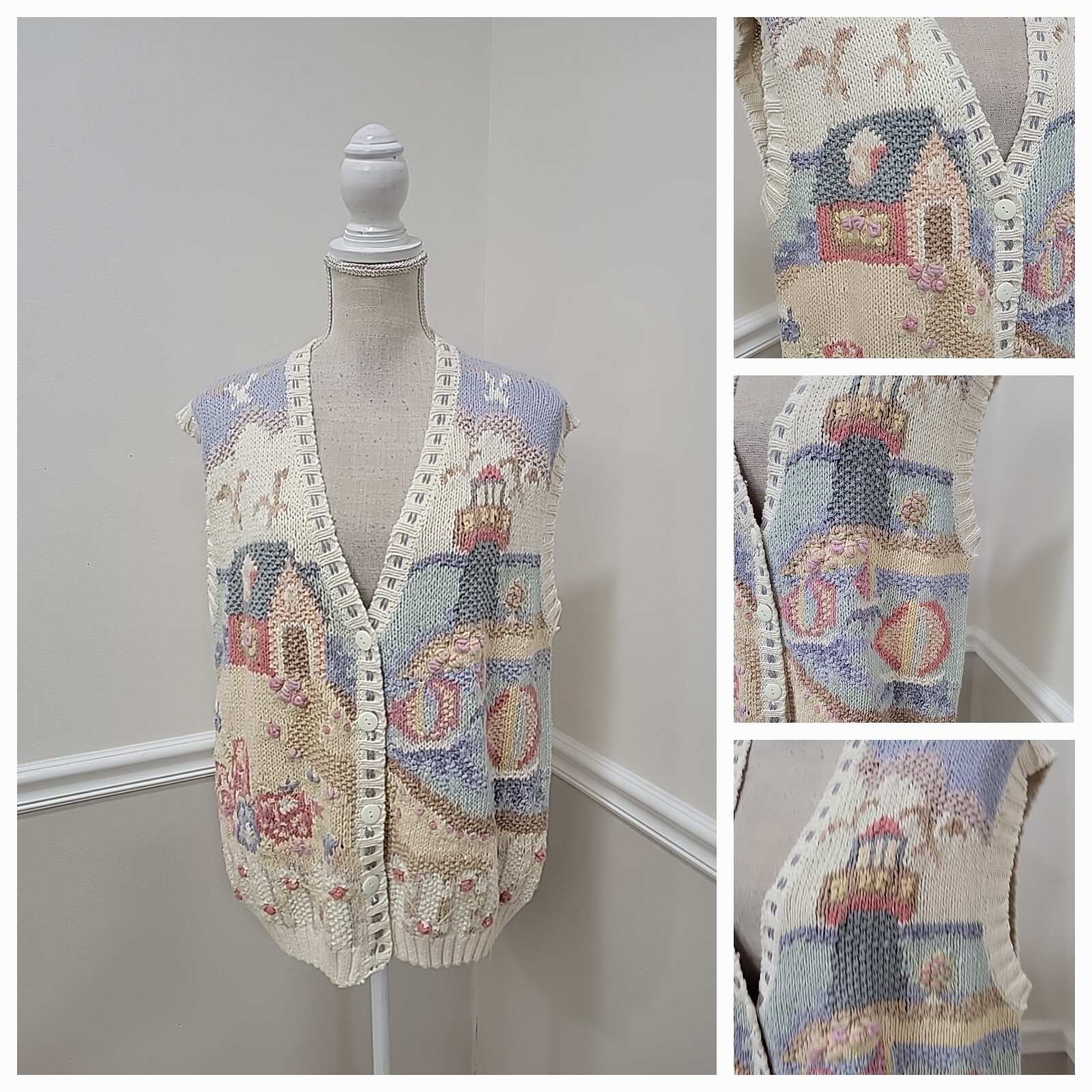 VTG BELDOCH POPPER USA Sweater Vest Lighthouse, Sailboats, House,Birds NWT