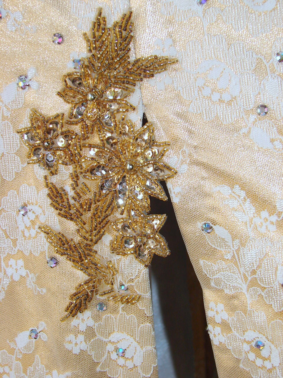 1980s GOLD LONG DRESS w/Lace and Rhinestones; Fancy Trim d1-2