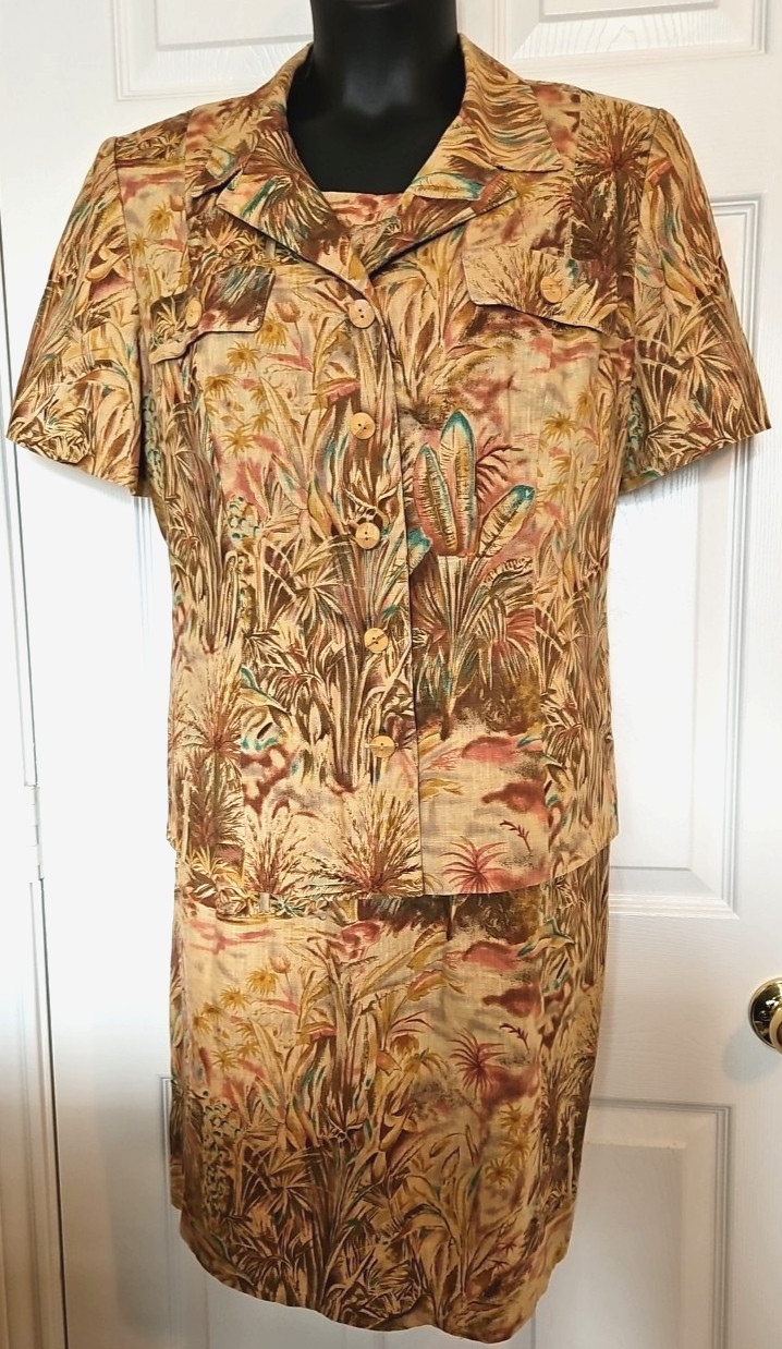 VTG Donna Morgan 18WP Tan Brown Linen Blend Tropical Print Dress SS Jacket Set