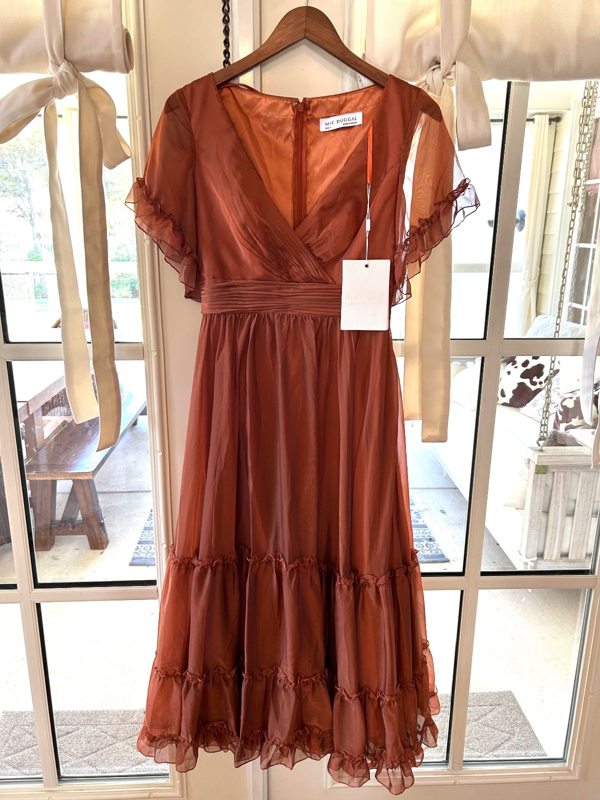 NWT Mac Duggar Ruffle Flutter Sleeve Midi Rust Dress Tea Length Size 4