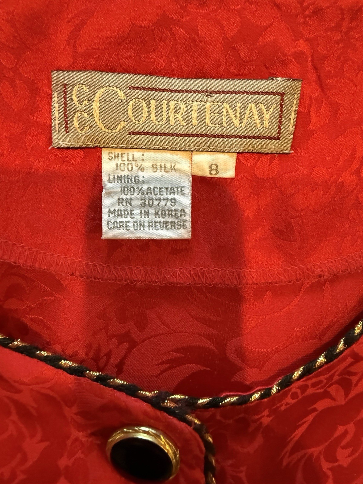 Vintage Courtenay Red Silk Jacquard Peplum Skirt Suit Set 80s 90s Romantic sz 8