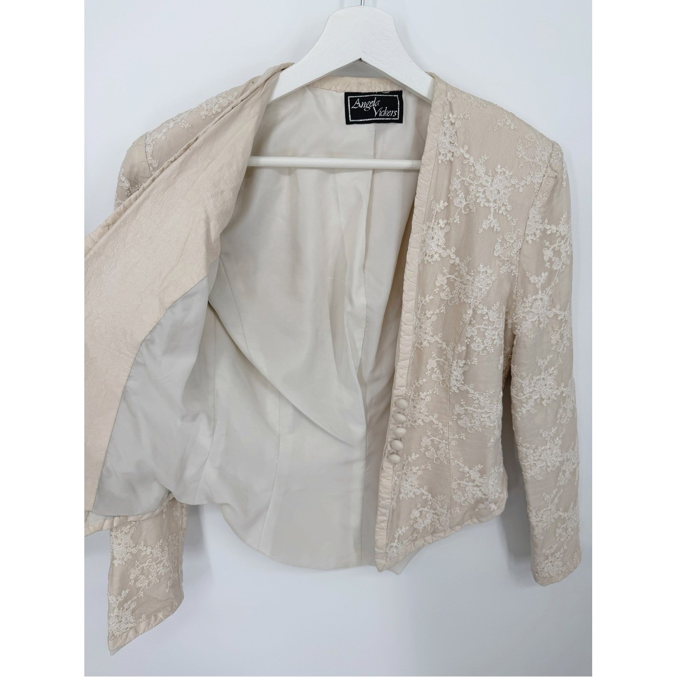 Vintage Angela Vickers Silk Lace Victorian Blouse Jacket XS/S Ivory Embroidered