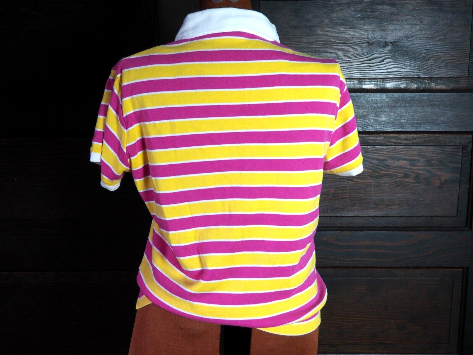 VTG 90s Y2K Cruel Girl Pink Yellow Stripe Retro Collar Polo Tee Tshirt Sz L