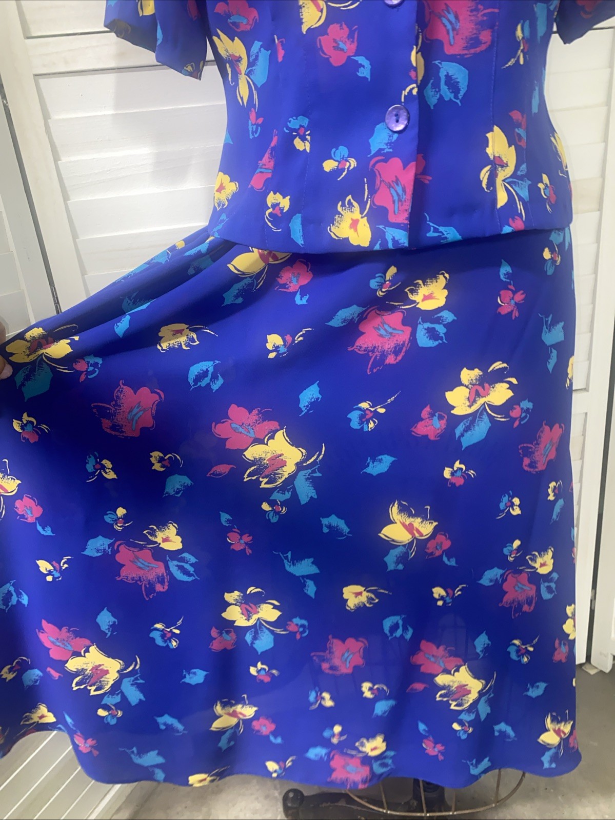 Vintage 80s JOHN RICHARD Dress Set Skirt Blouse Blue Floral Juniors 9/10 Medium