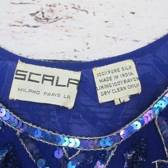 Scala Vintage beaded and sequined blue gown evening dress L beaded fringe