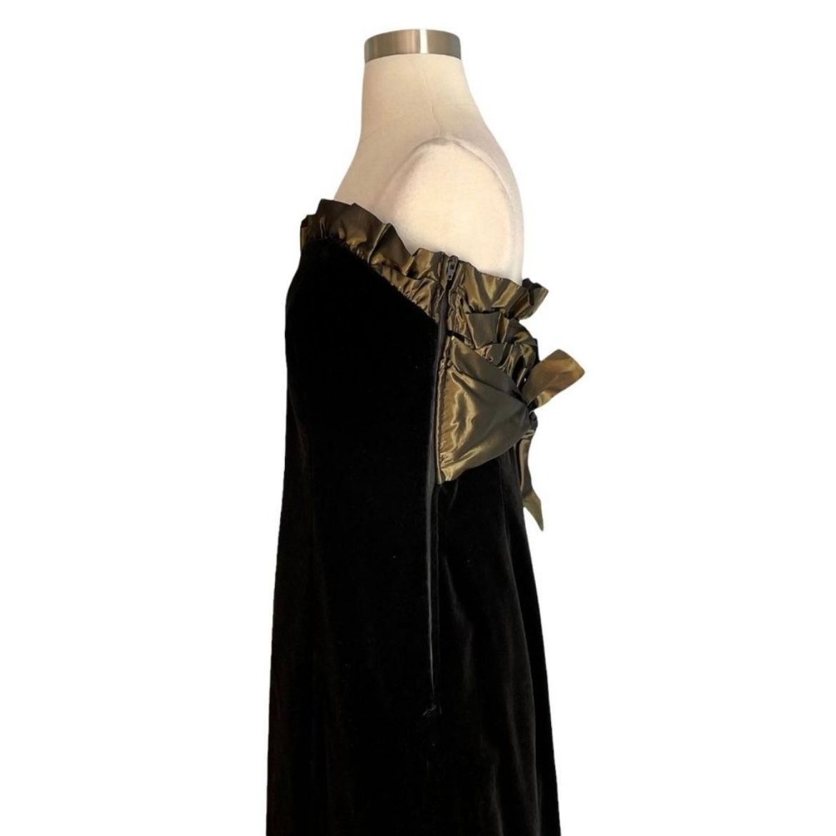 Vintage 90s Laura Ashley Black Velvet Gown Dress w/Olive Green Ruffle Trim S