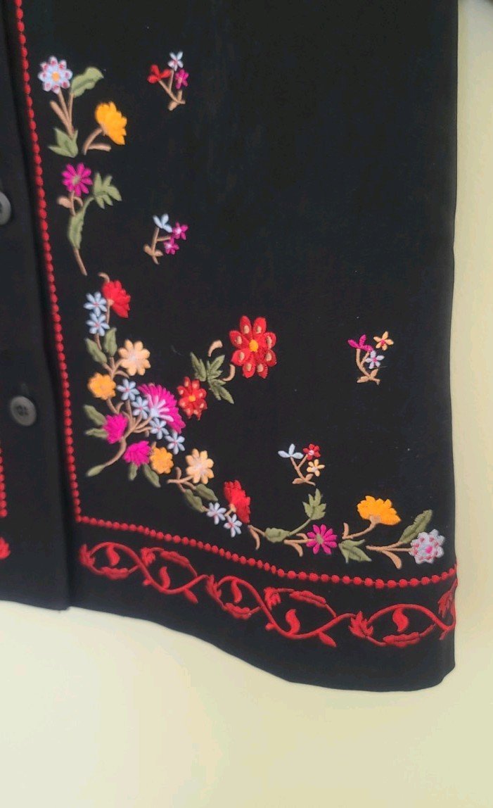 Vintage black Faux Suede Top Jacket Embroidered Red Pink Yellow Flowers. size 12