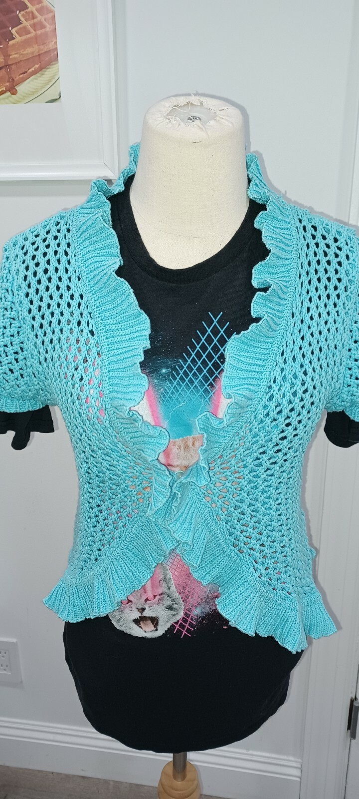 Vintage 80s Crochet Knit Cardigan Ruffles Kawaii Cottagecore Fairy Pastel Blue M