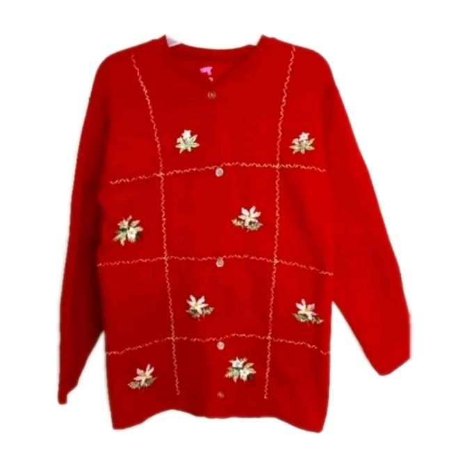 Vtg Handmade Hanes Red Embroidered Poinsetta Cotton Winter Sweatshirt Cardigan M