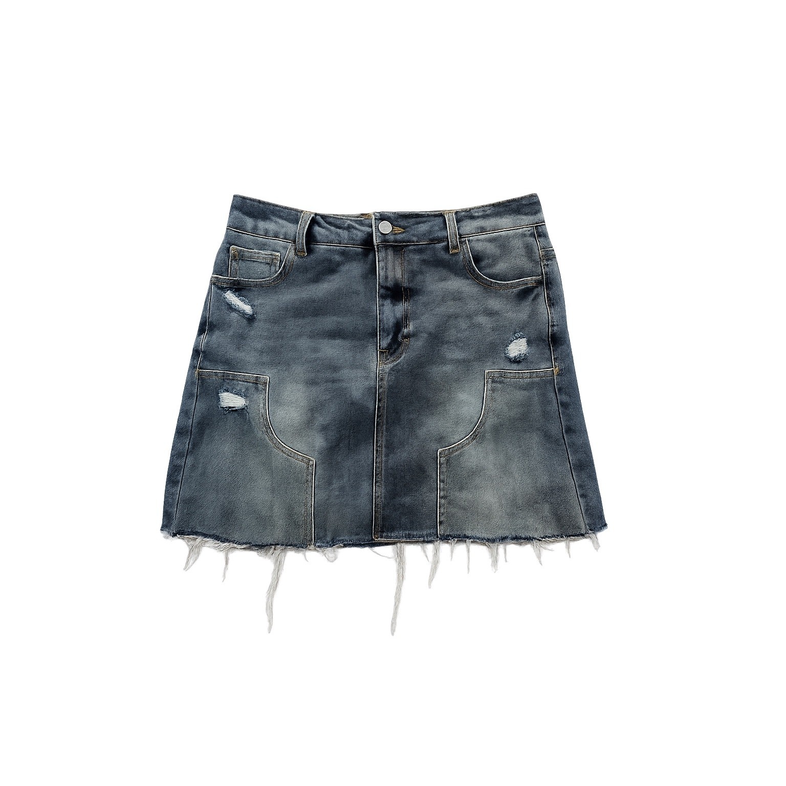 Forever 21 Denim Mini Skirt Women’s Medium Distressed Raw Hem Blue Pockets
