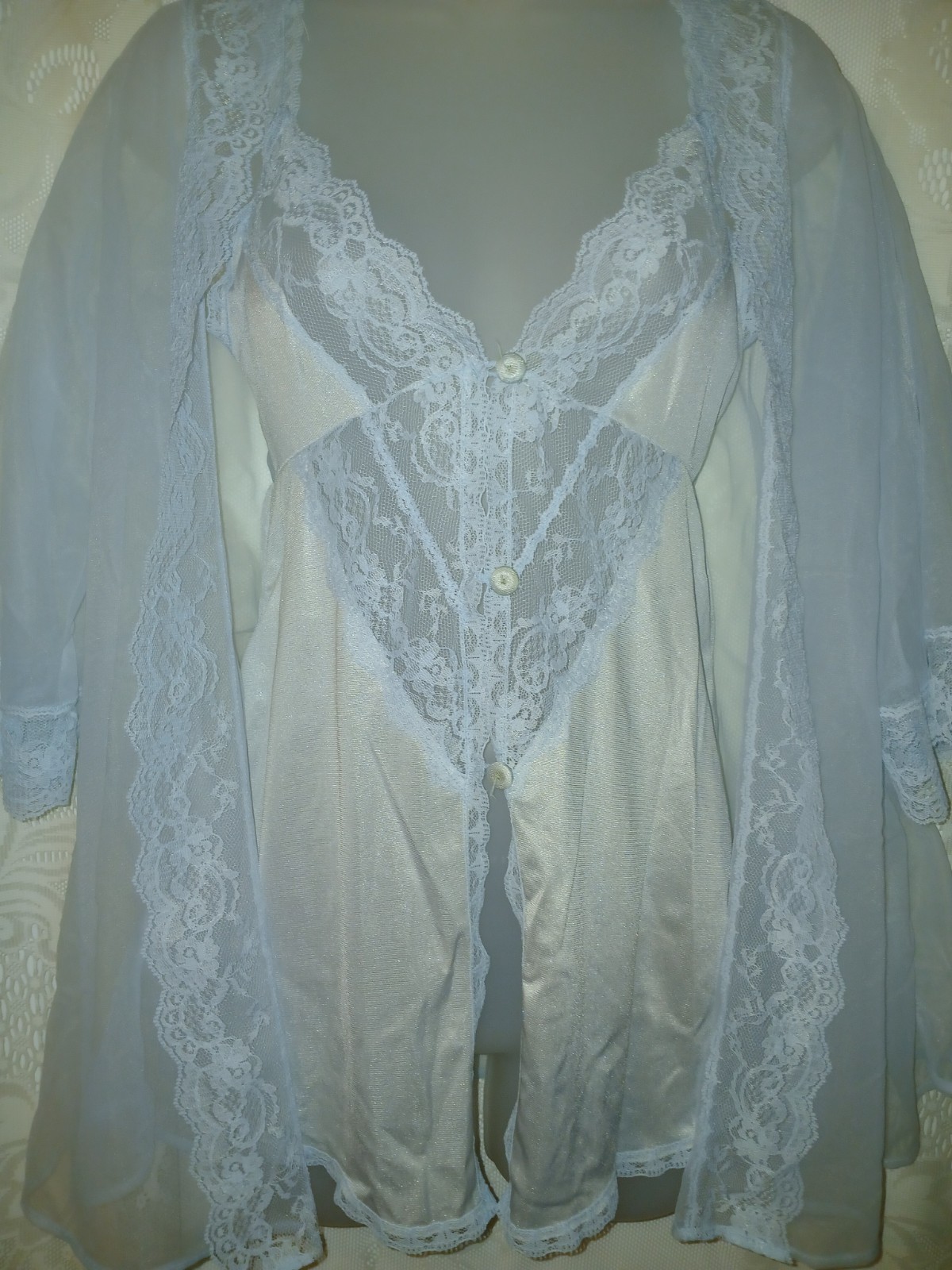 Vintage 70s Blue Sheer Chiffon Nylon Lace Nighty Peignoir Robe Lingerie Set XS