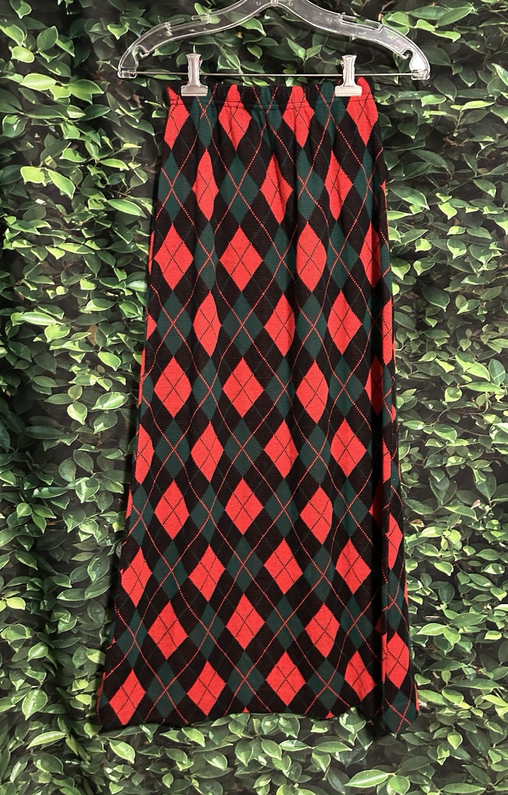 Vintage 70s Knit Skirt Red Green Black Diamond Pattern No Tags Elastic Waist Sm