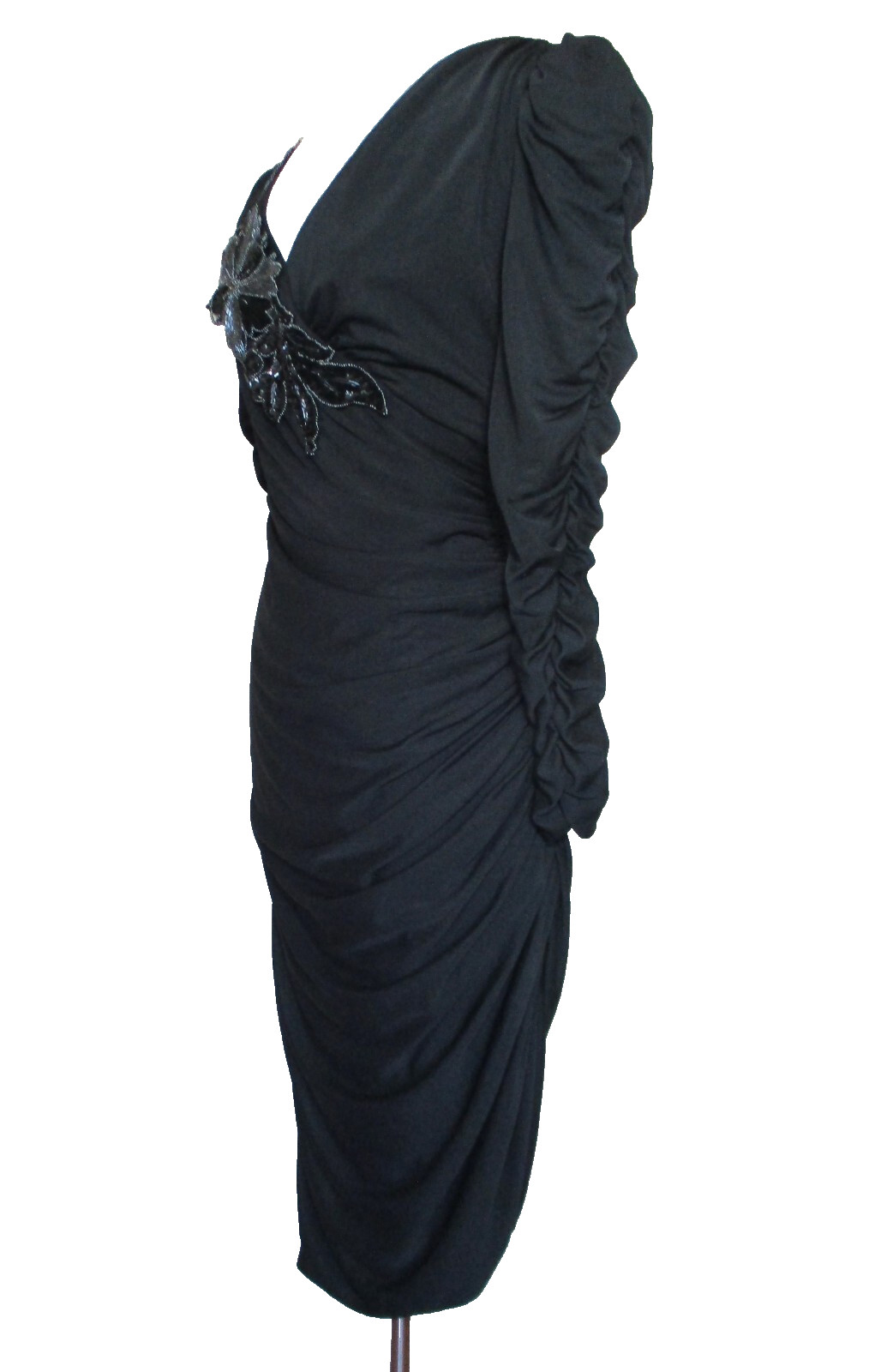 Vtg Samir California Dress Fitted Bead Black Strtch Poly V-Neck Ruched S/M Women