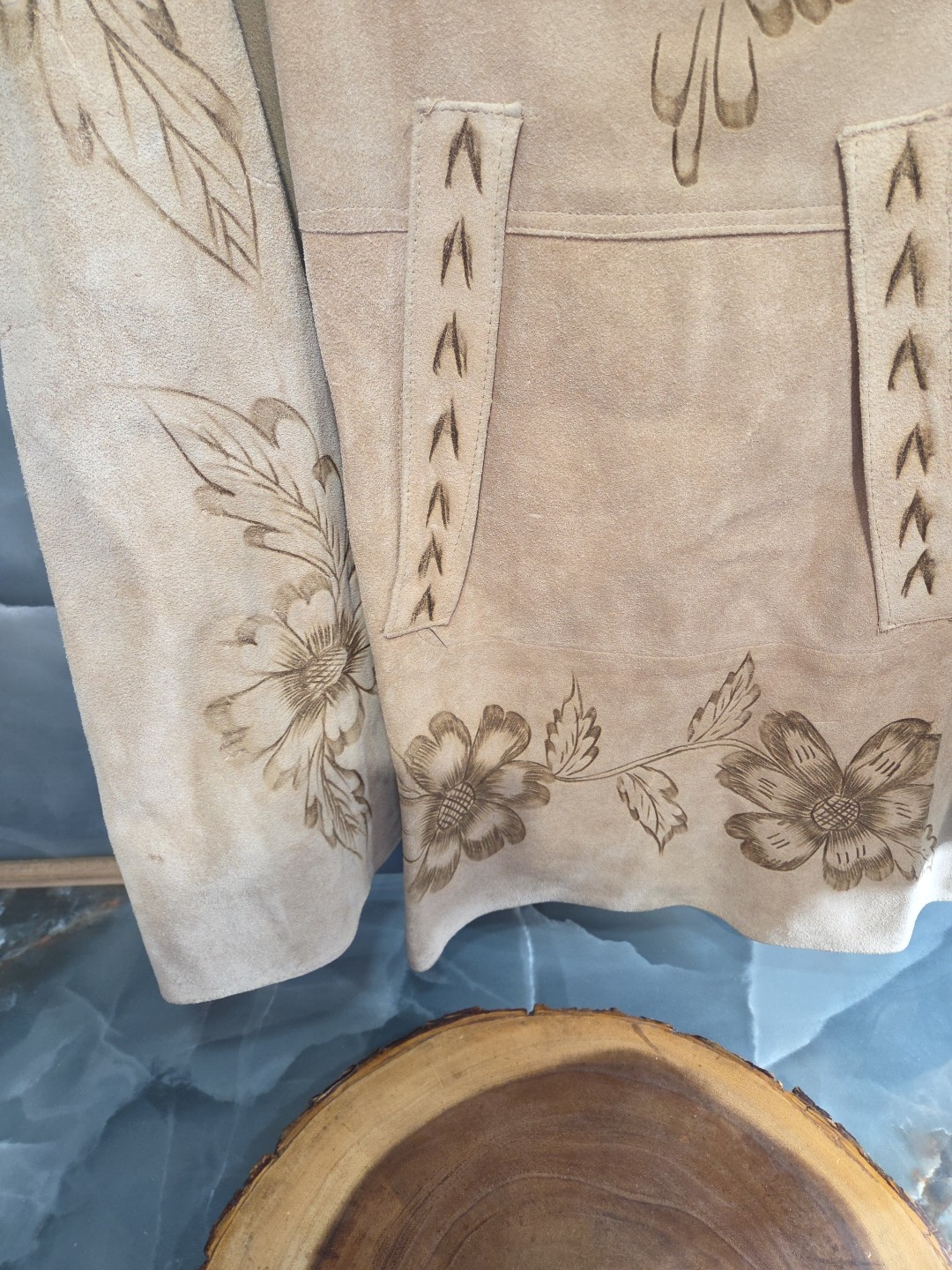 Vintage 1960’s-70s Suede Leather Floral Hand Tooled Cape Poncho Hippie