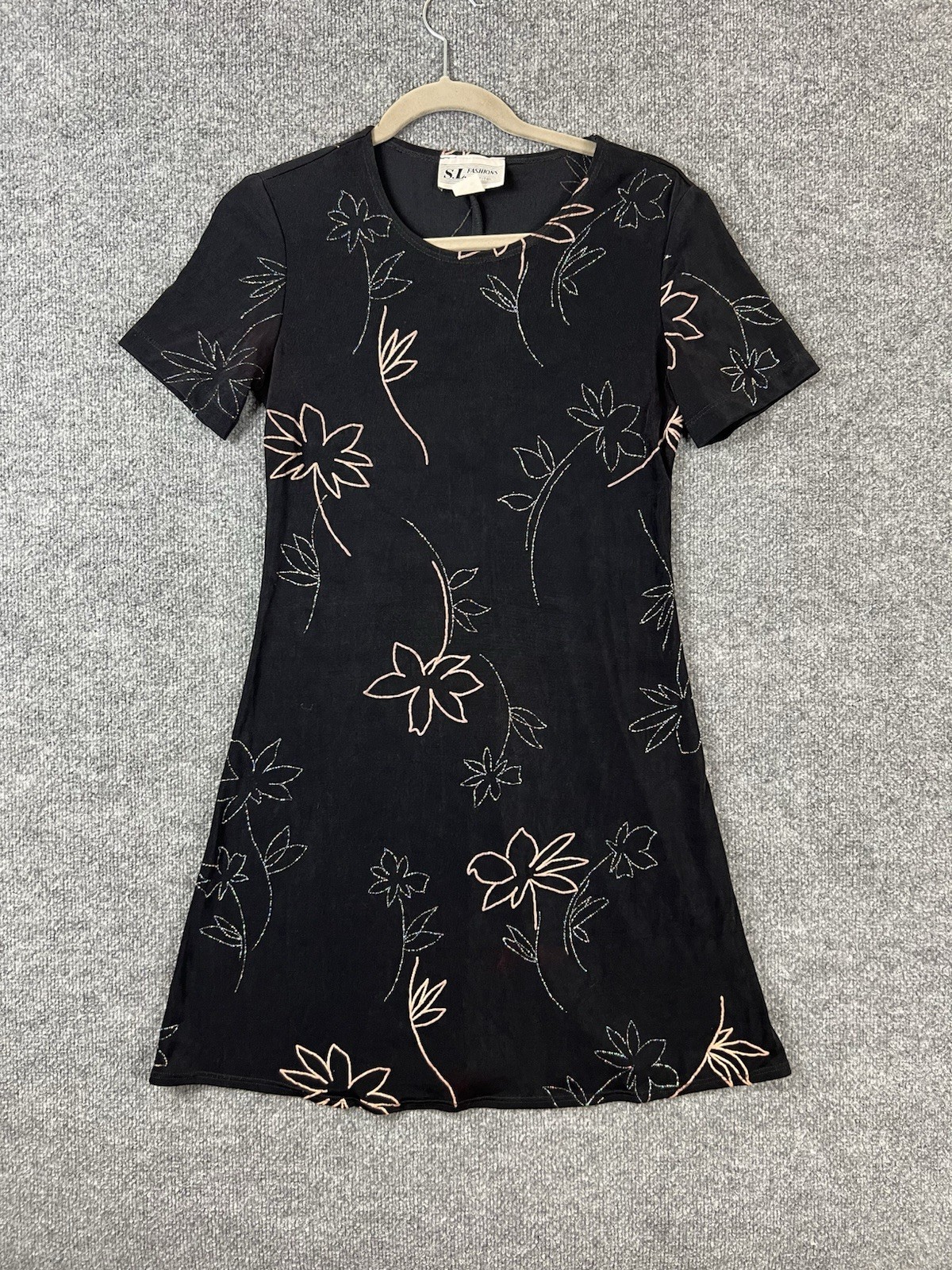 Vintage S.L. Fashions Mini Dress Women Size 4 Black Floral Sparkle Petite Fairy