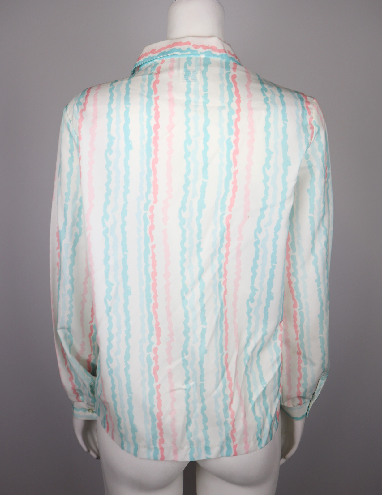 VINTAGE WOMEN’S WHITE BLUE PINK PRINT LONG SLEEVE BLOUSE – ALICIA – SIZE 10