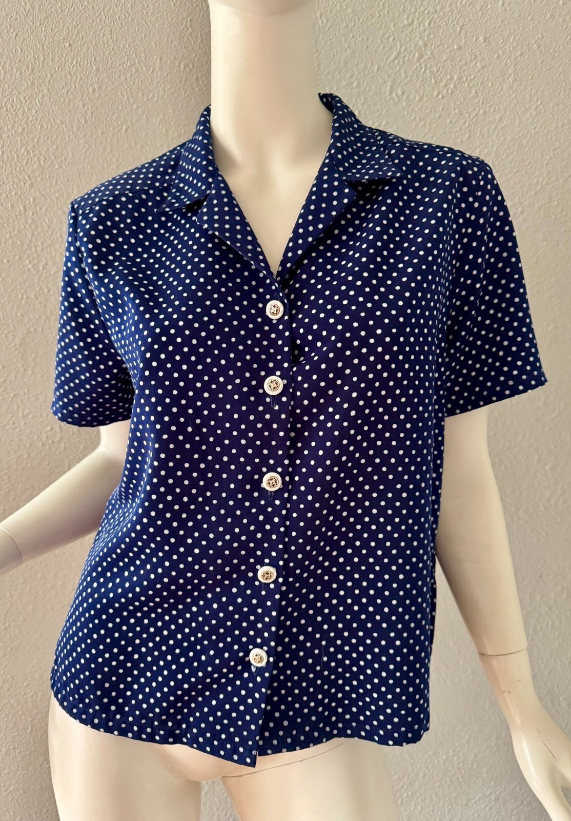 Vintage 80s Navy Blue Polka Dot Nautical Boxy Button Top Blouse M