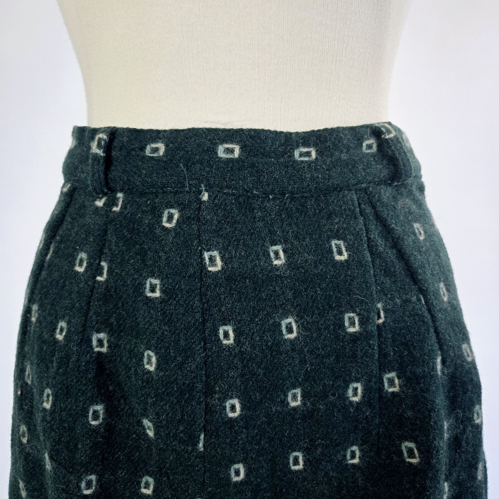 VTG 1950s Green Atomic Square Wool Skirt By Lampl Fashions Ohio Midi 25” Waist