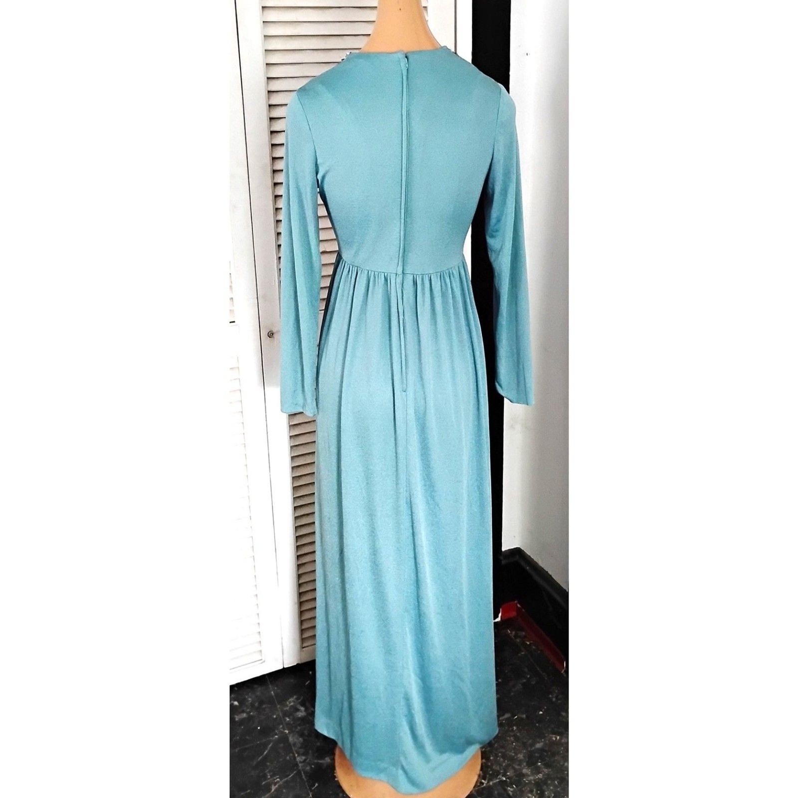 Vintage 1970s Union Made Maxi Dress, Beaded Neckline, Size Small