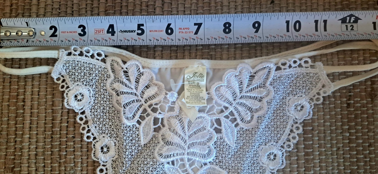 1990’s White Lace Thong Panty Size 9 Semi-share Double Strapped Hips G-string