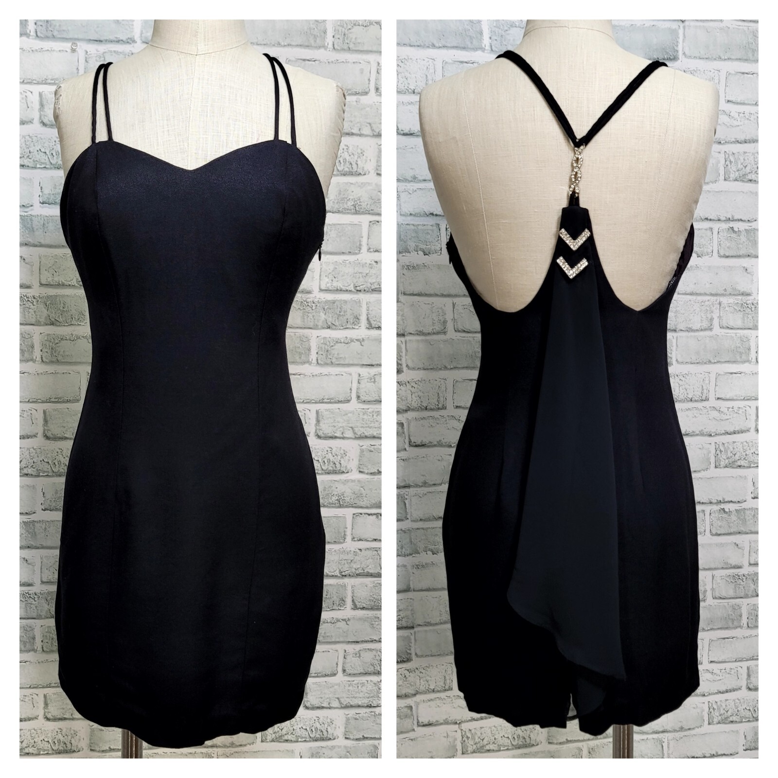 Vintage 80s Blondie & Me Womens S Black Cocktail Mini Dress Rhinestone Strap