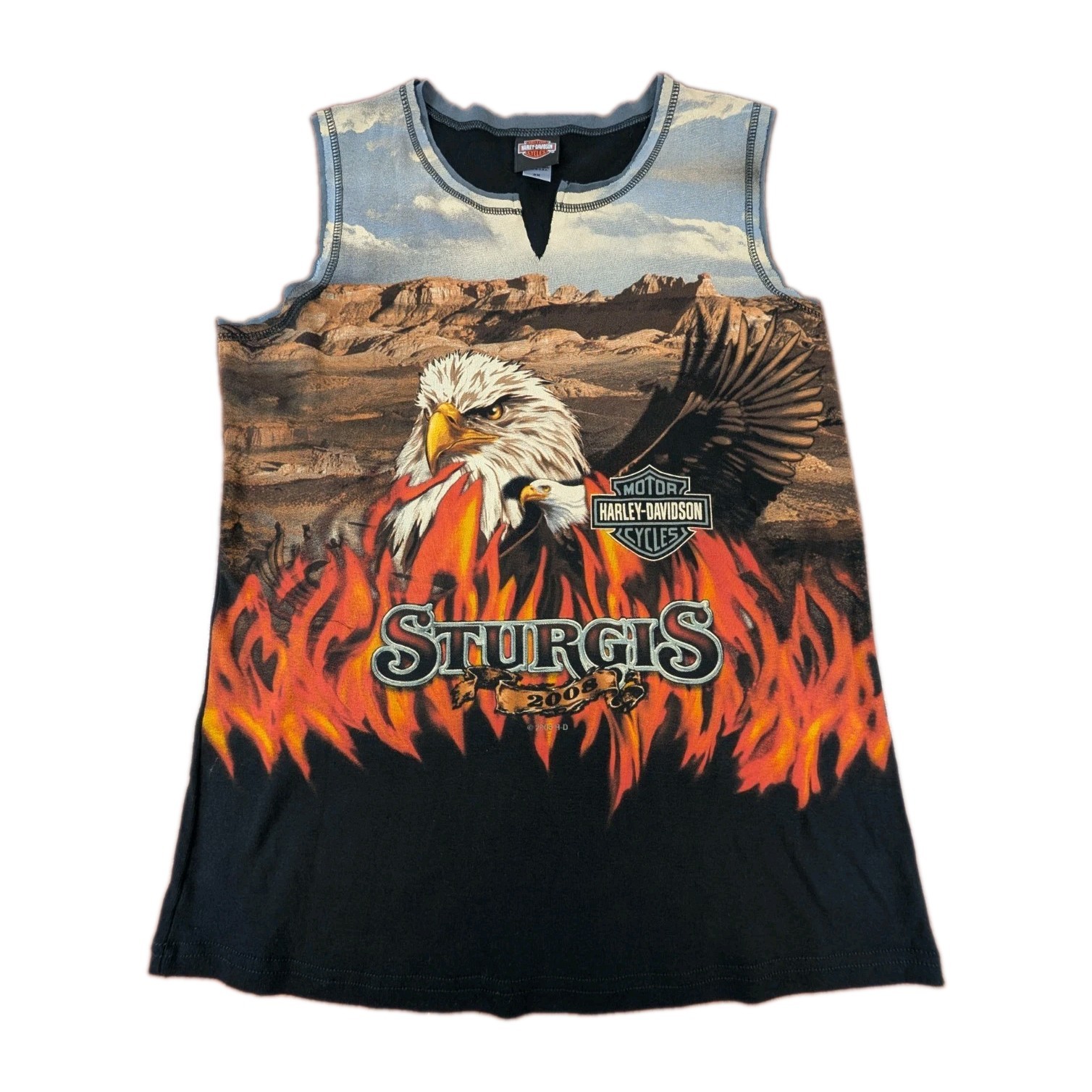 Womens 2008 Harley Davidson Sturgis Eagle Flame Tank Sleeveless Sz 3X Y2K Grunge