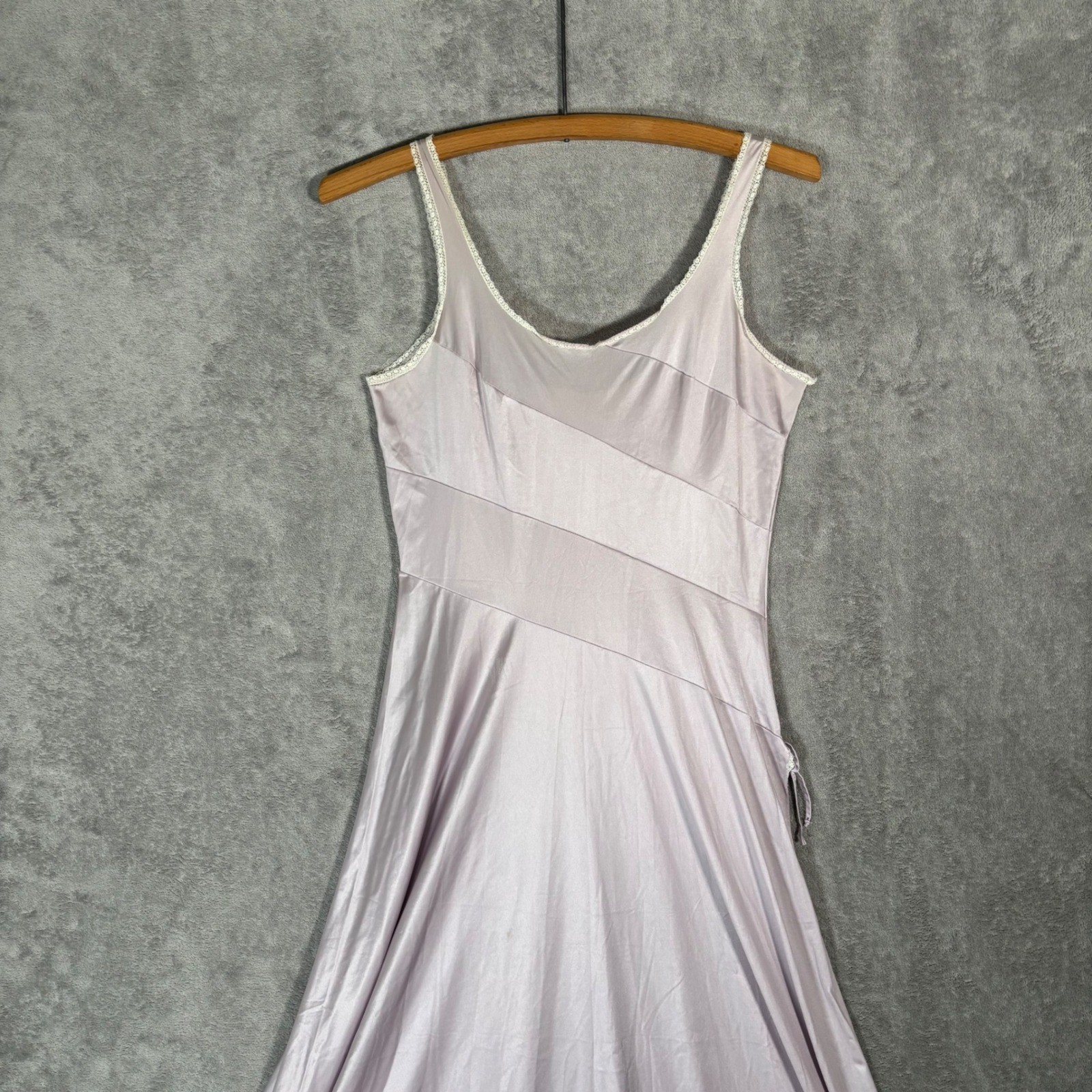 Vintage Lavender Satin Maxi Slip Dress Lace Trim Purple Ethereal Dainty Size S