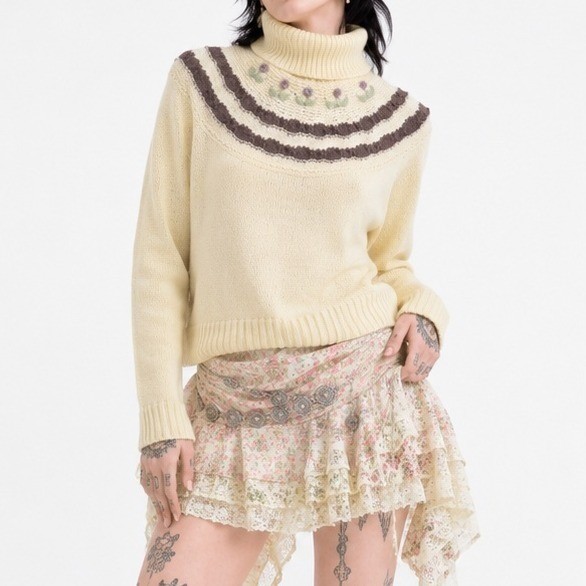 70s Vintage Cream Floral Turtleneck Sweater Womens XS Embroidered Collage Pastel