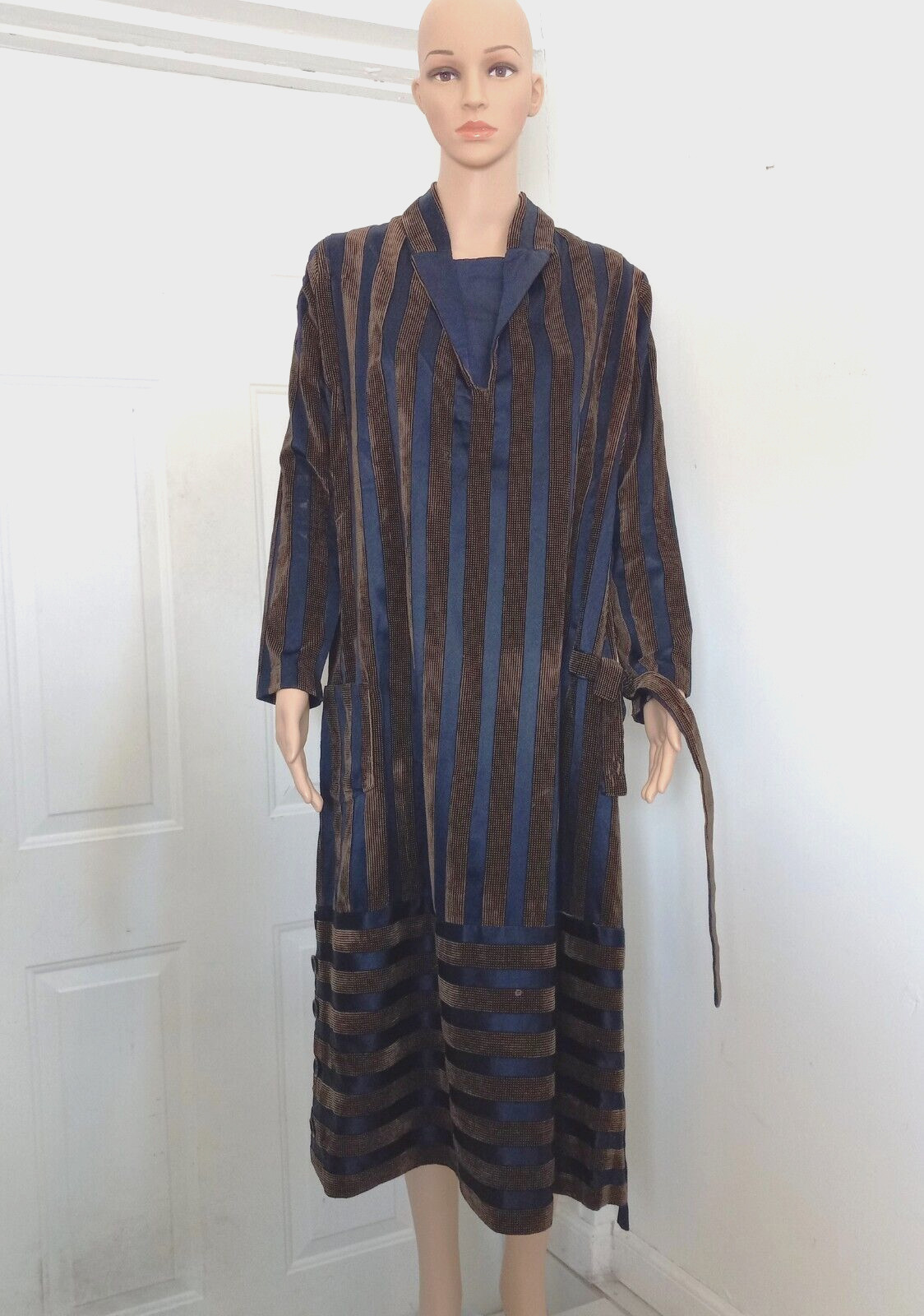 1920s Flapper Dress Bronze Velvet Blue Satin Stripes Vintage Sophisticated – L