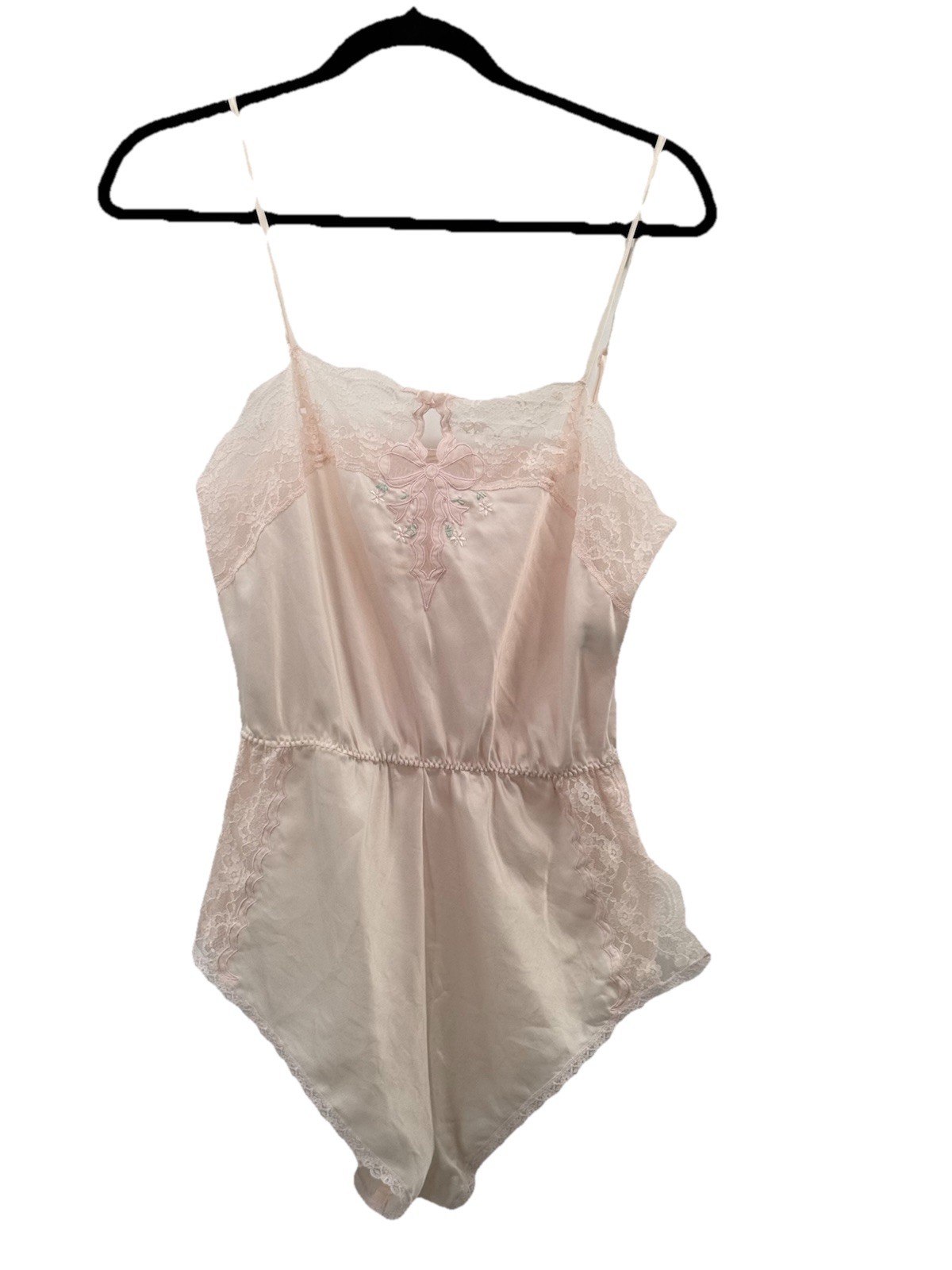 Vintage 80’s Barbizon Teddy Pink Satin Embroidered Bow Hi Cut Bodysuit Sz Small