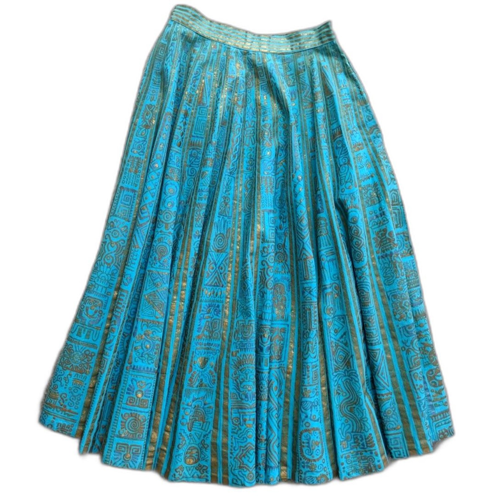 1950s MAYA de MEXICO Mayan Hieroglyph Hand Painted Aqua/Gold Circle Skirt sz. XS