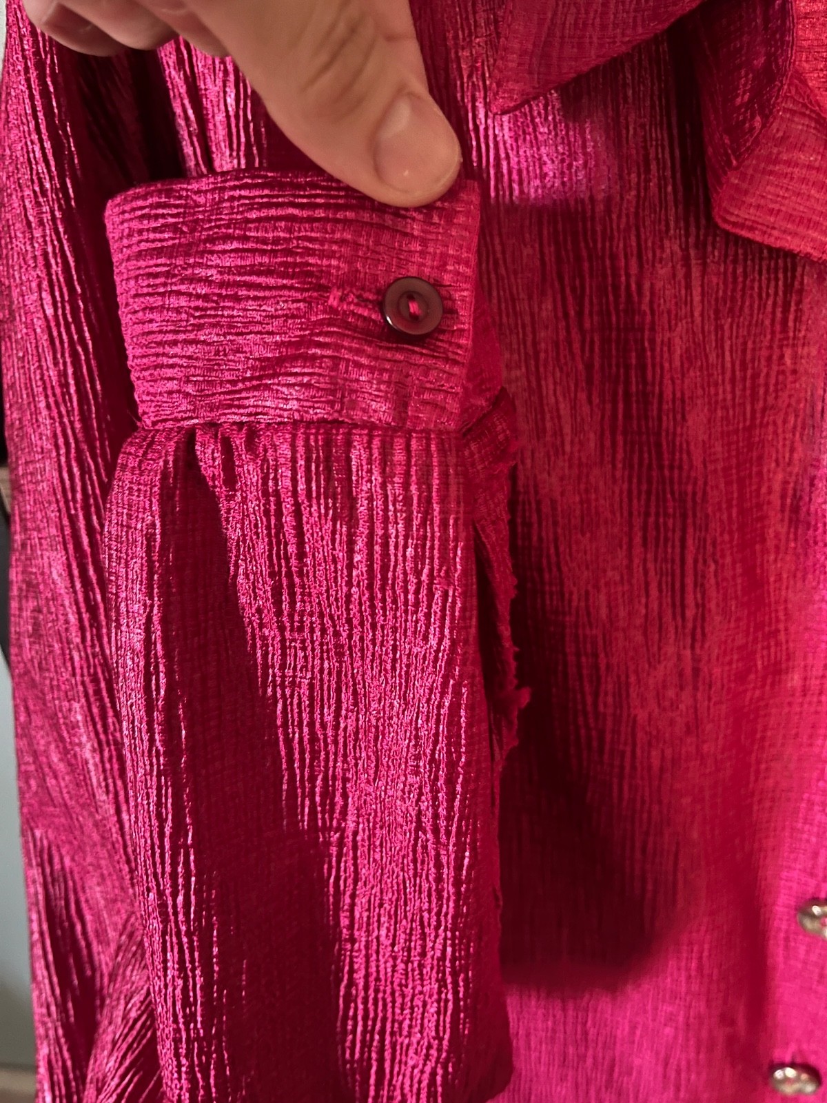 Vintage 1990s Joanna Crinkle Blouse in Raspberry, Gold Buttons, XL