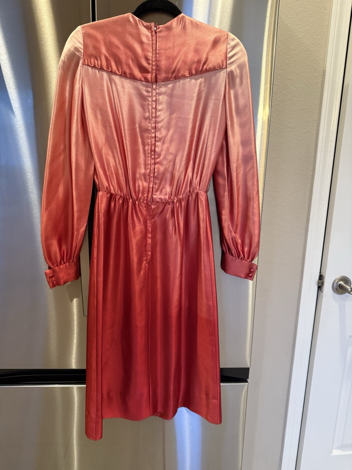 Vintage 70s Pat Sandler Ombre Pink Red Satin Dress Long Sleeve Midi Retro Small