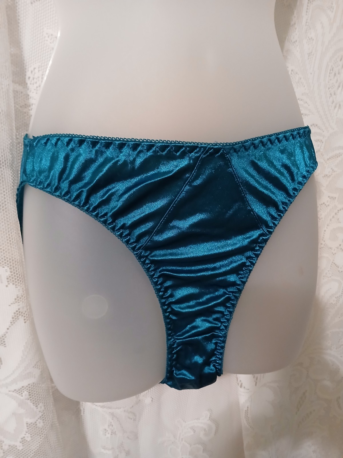 Vintage 90s Teal Green Wet Look Satin Nylon Second Skin Hi-Cut Panties L EUC