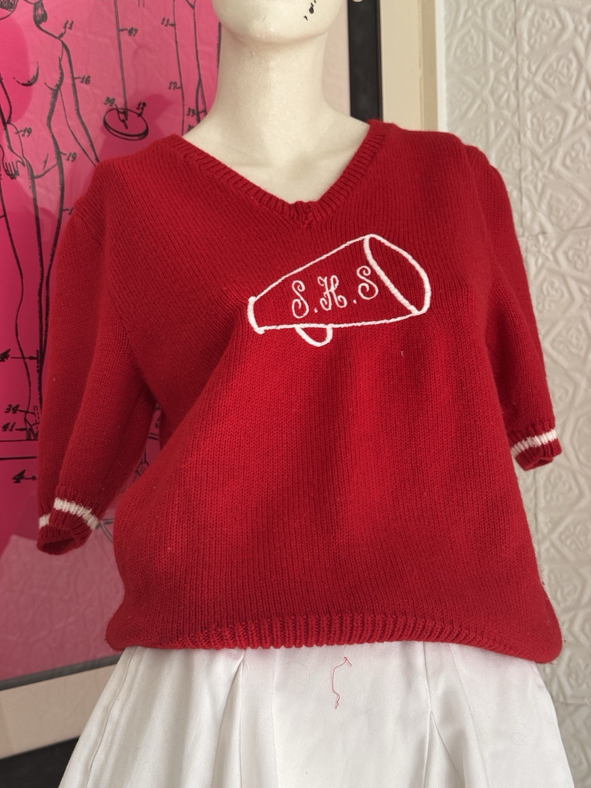 Vintage Cheerleading Sweater-1980s-Varsity-Red-Cheer-Team-coquette-Small/Medium