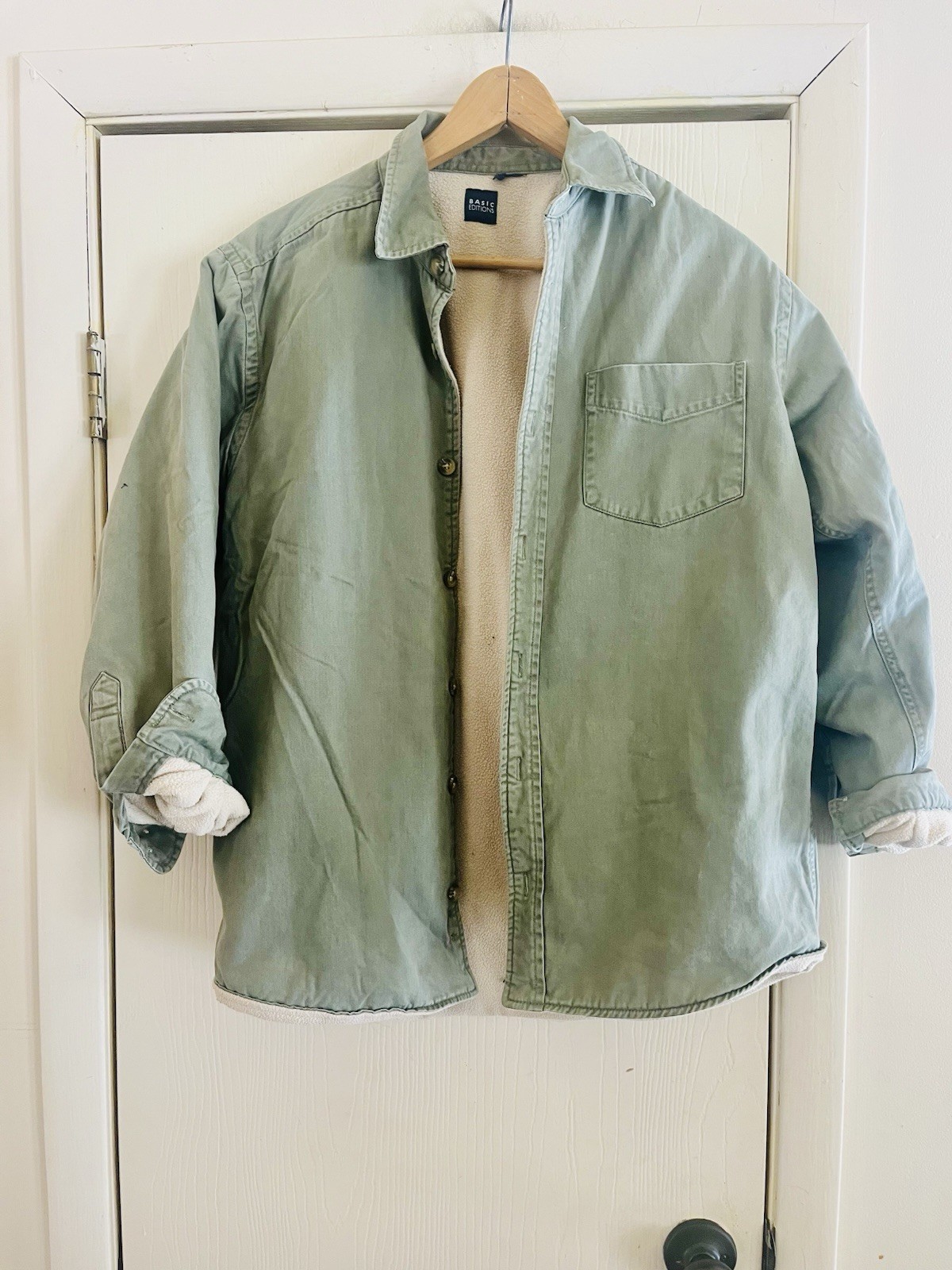 Vtg 90s Grunge Farmcore Chore Cabincore Army Green Faux Sherpa Jacket M