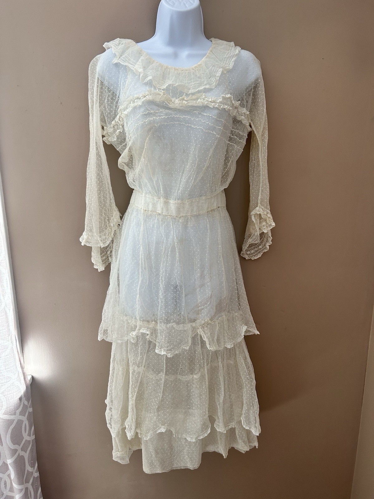 Antique Edwardian Dress 1920 Ivory Mesh Lace 32 XS S Vintage Wedding Gown