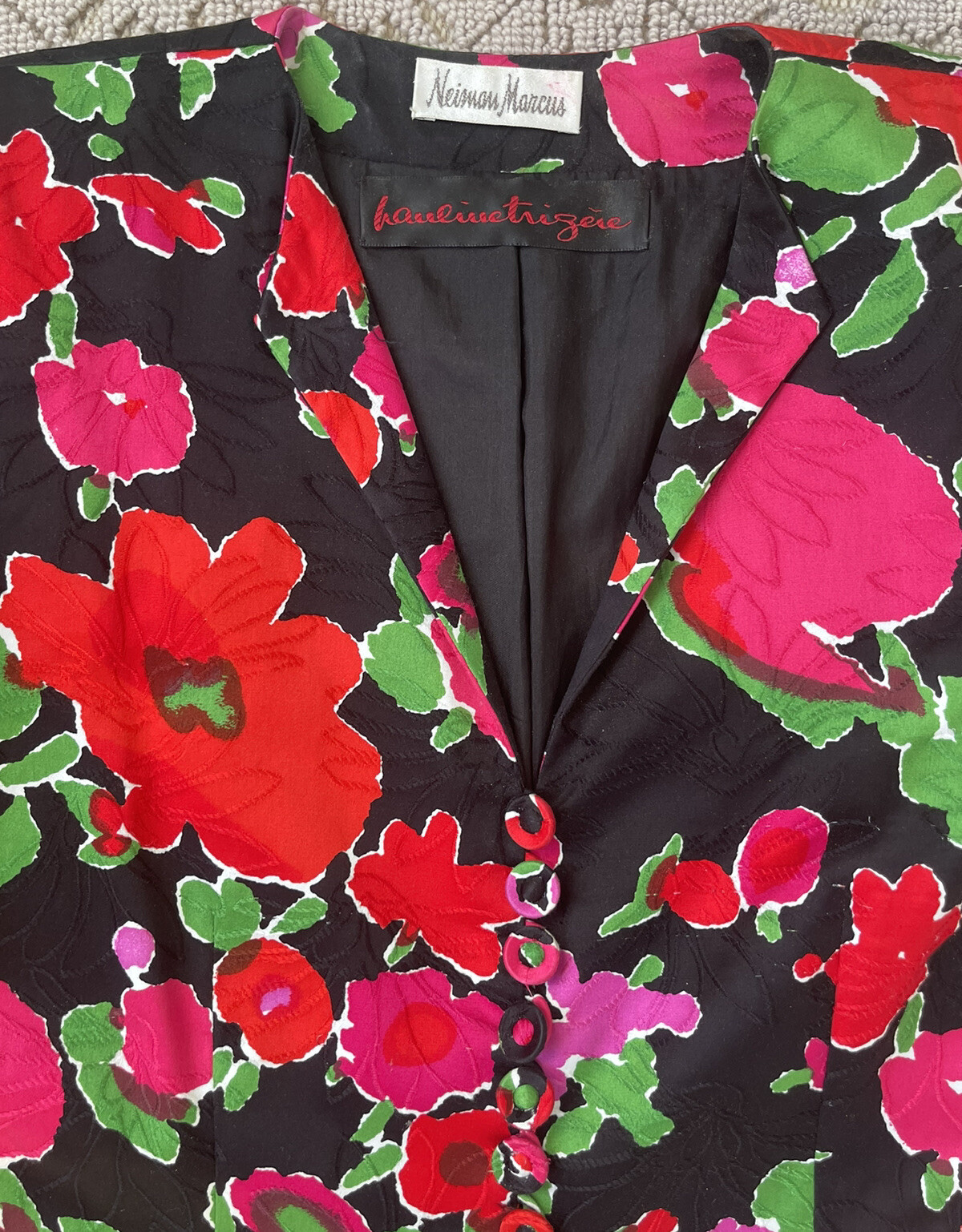 Stunning Vintage 1980’s Pauline Trigere Black Pink Floral Cocktail Ensemble