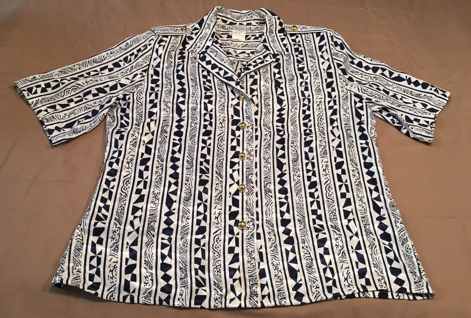 Vintage Womens BLEYLE Buttoned S/S Blouse – Dk Blue/White Geometric – Size 12