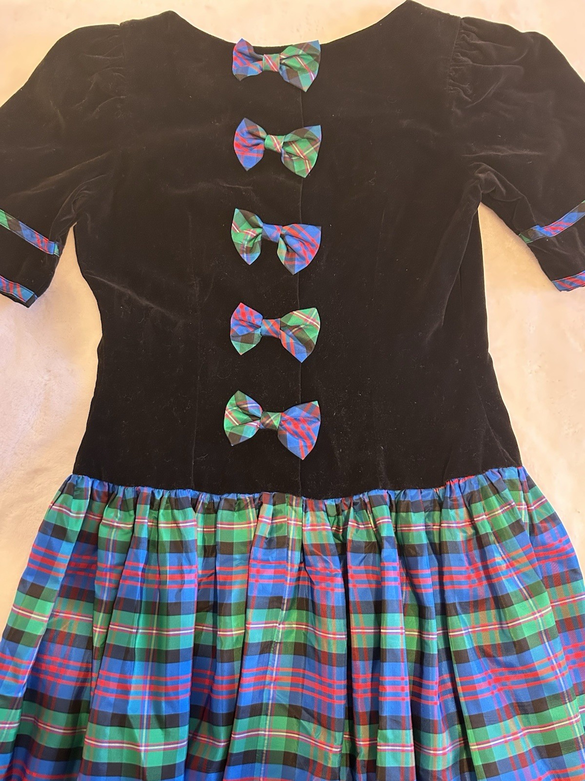 Vintage 1980’s Misty Lane Black Velvet Party Dress With Bows, size 7/8 Preowned