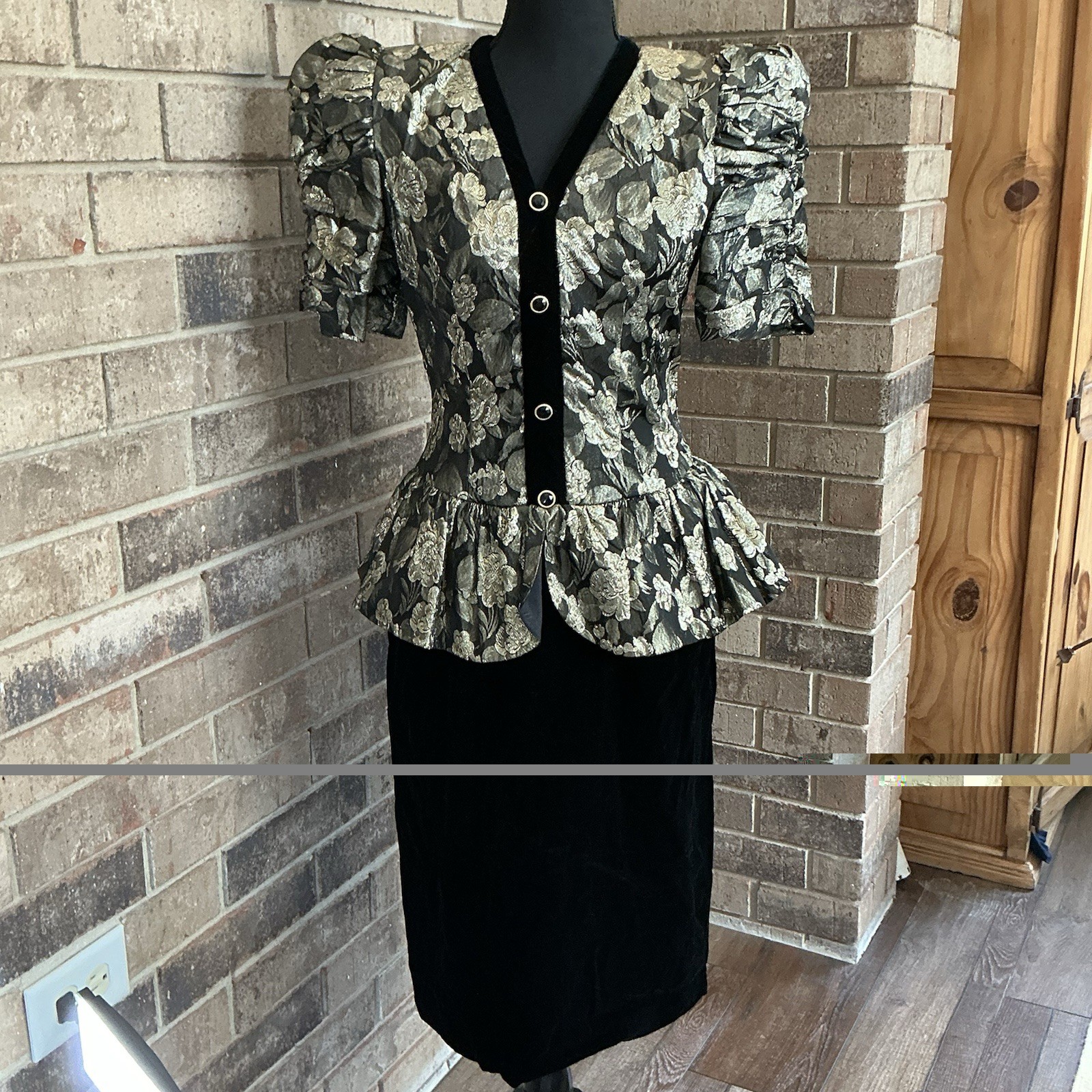 VINTAGE Act 1 Petites Size XS Floral Brocade Peplum Velvet Dress Cocktail #61C3