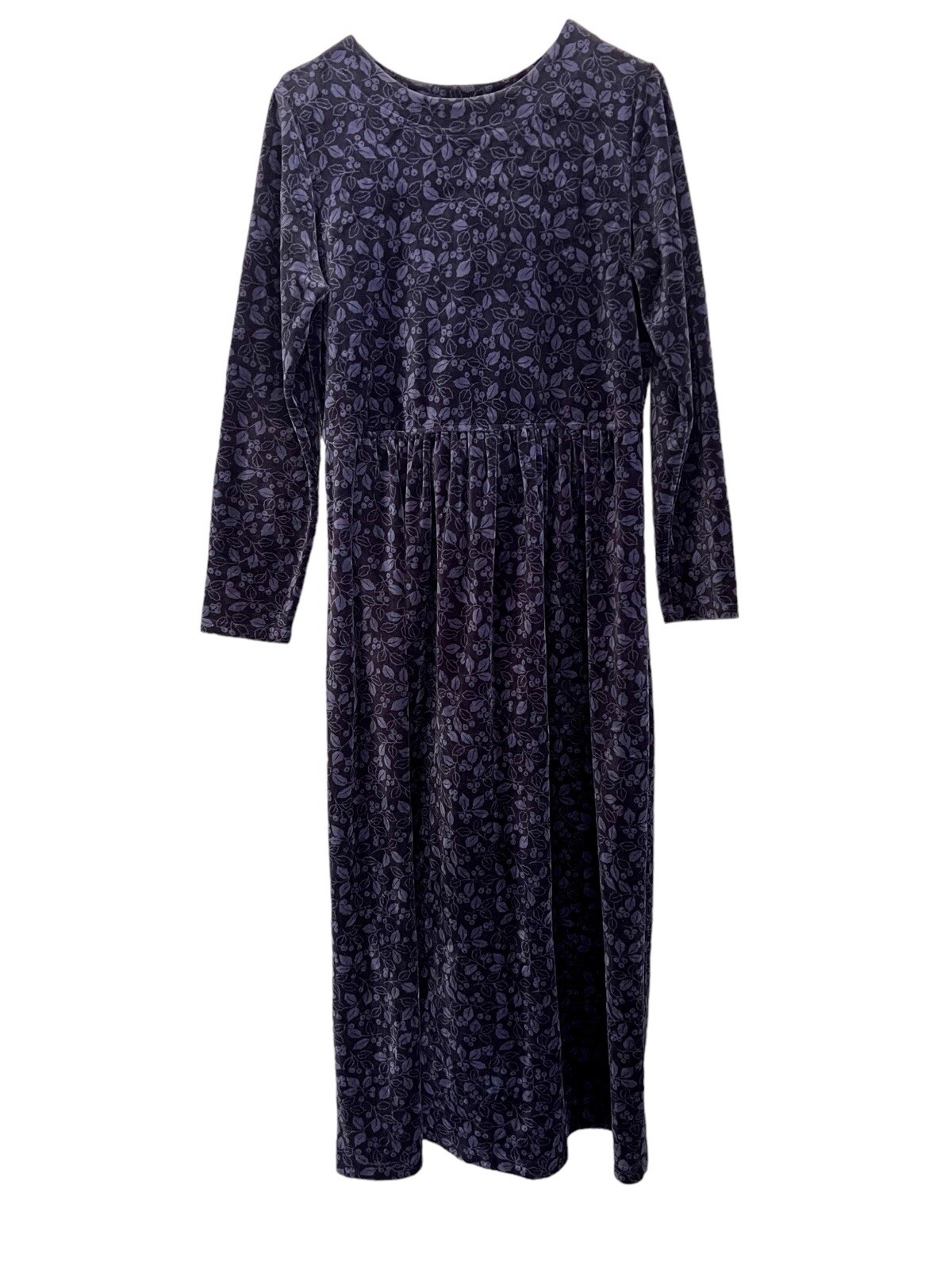 Vintage 90s LL Bean Dress Womens S/M Blue Floral Berries Pullover Midi Velour