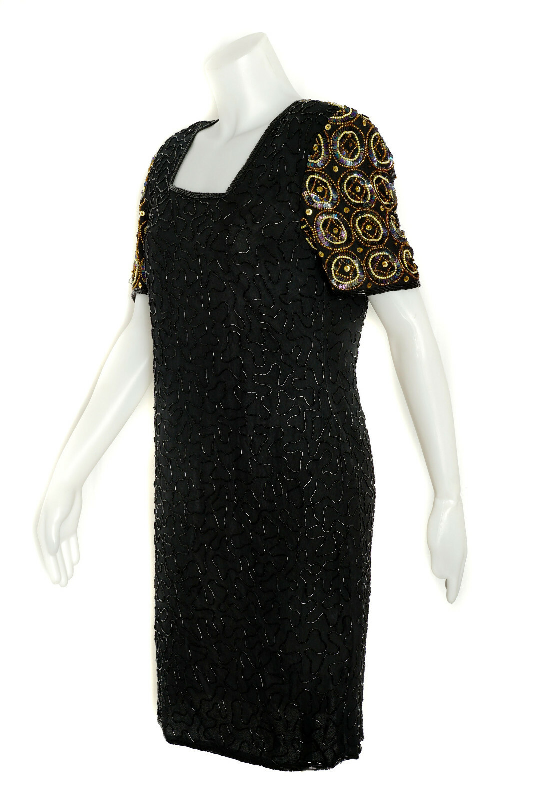 Black Beaded Cocktail Dress Vintage Night Vogue Silk Short Sleeve SM