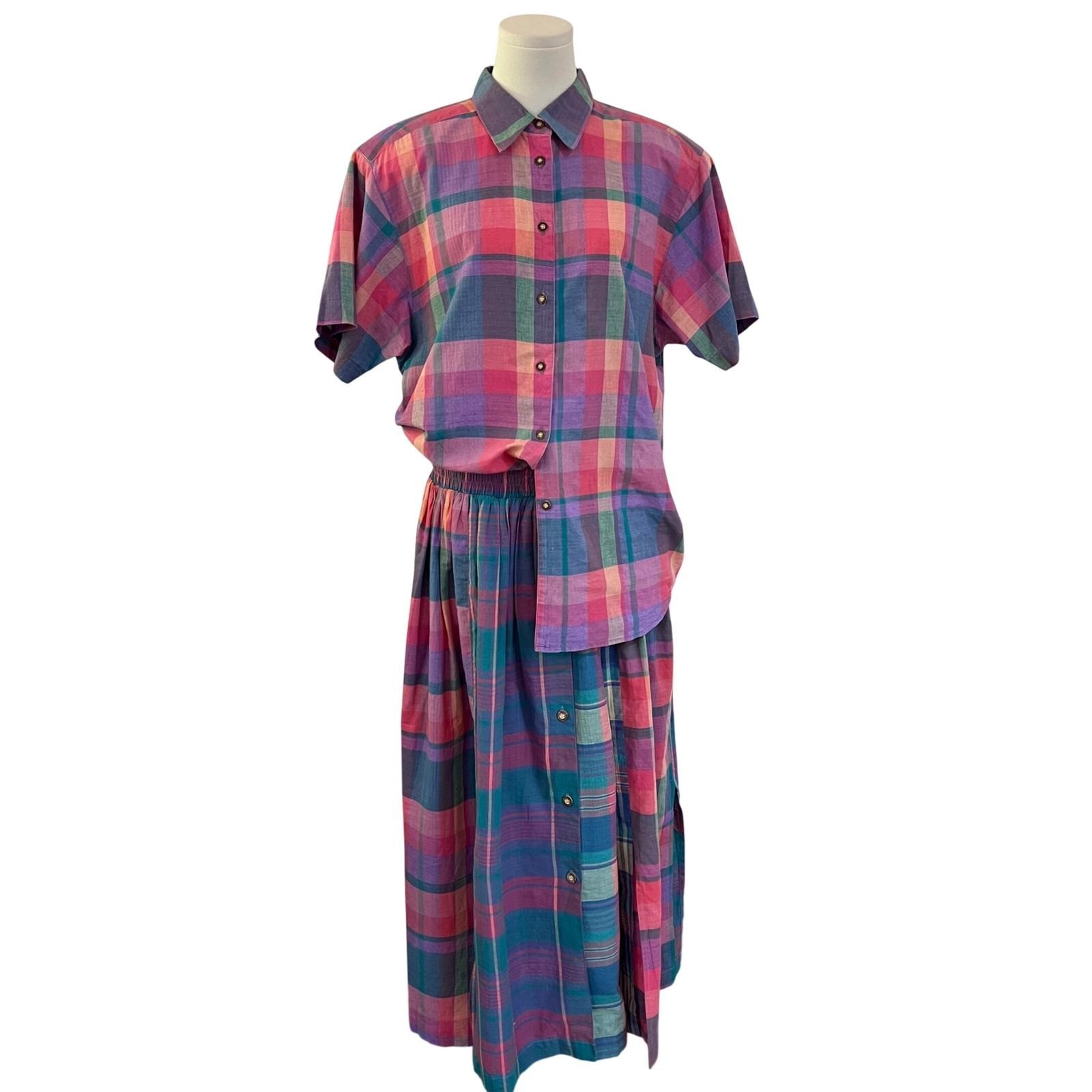 Vintage David Brooks Plaid Two Piece Skirt Set Pink Purple Cotton Preppy 90s 14