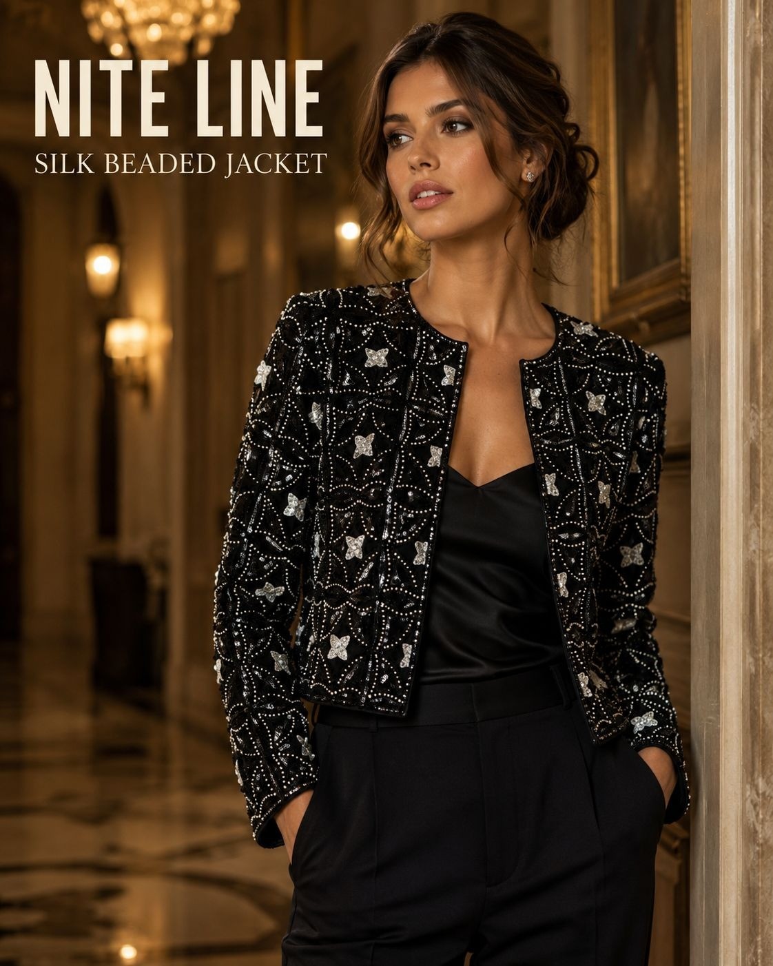 VTG 80/90s Nite Line 100% Silk Beaded Sequined Jacket Black White S